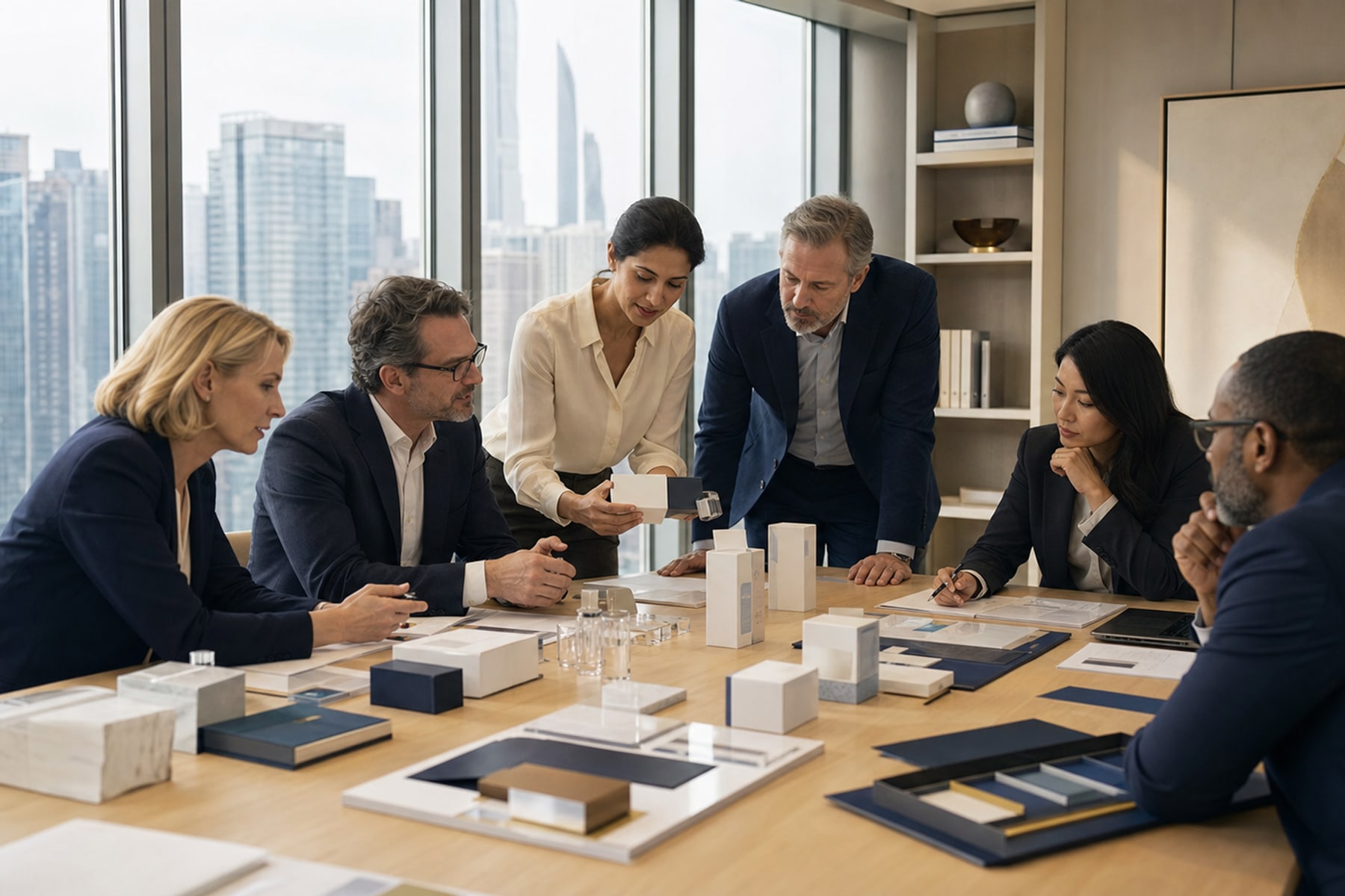 Executive team reviewing premium healthcare portfolio concepts and material standards